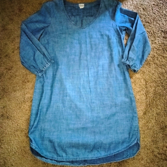 J. Crew (Size S) Chambray Medium Wash V-Neck Cut 3/4 Sleeve Casual Tunic Dress - Picture 2 of 7